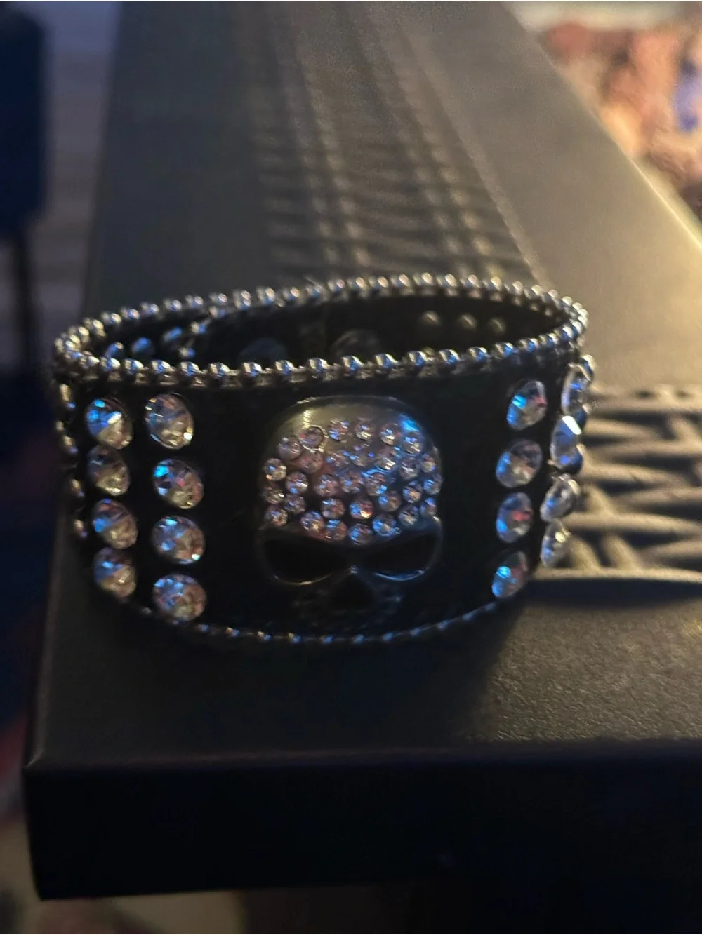 Black Rhinestone Skull Cuff Bracelet - Picture 3 of 6